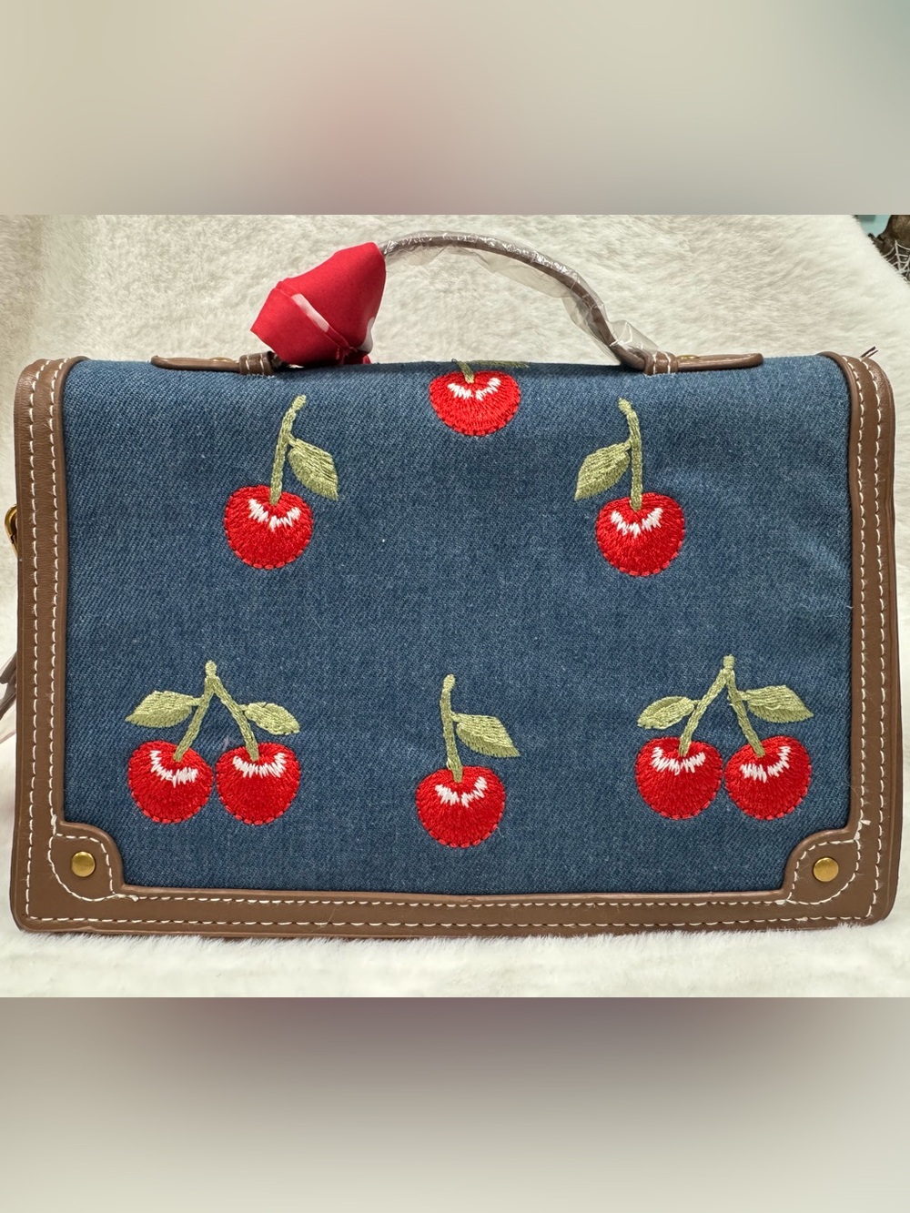 NWOT Steve Madden Denim Cherry Embroidered Top-Handle Bag - Blue/Red